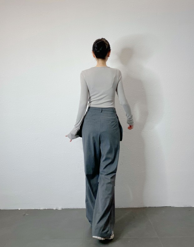 Grey Stripe Slack with Patched Pocket #250304